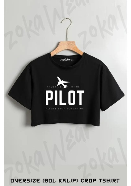 Pilot, Uçak, Airplane Baskılı Oversize Crop T-Shirt