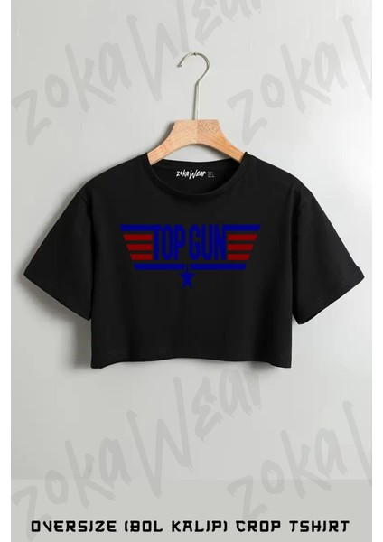 Top Gun Baskılı Oversize Crop T-Shirt