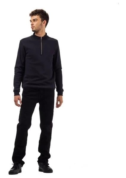 Yarım Fermuar Pike Kumaş Sweatshirt Sıyah
