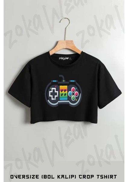 Retro Gaming Controller Baskılı Oversize Crop T-Shirt