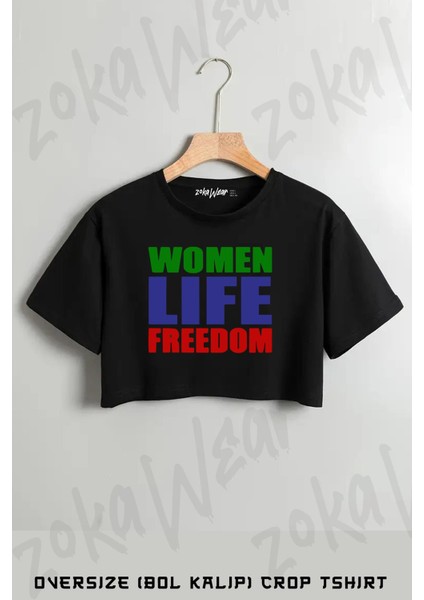 Women Life Freedom Kadınlara Yaşam Özgürlüğü Baskılı Oversize Crop T-Shirt