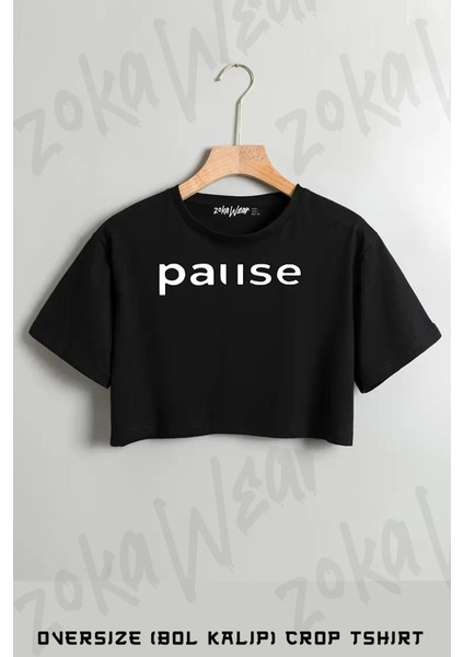 Pause Baskılı Oversize Crop T-Shirt