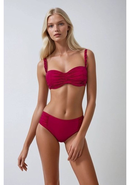Çıkarılabilir Dolgulu Kaplı Telli Drape Detaylı Düz Renk Straplez Bikini Takımı