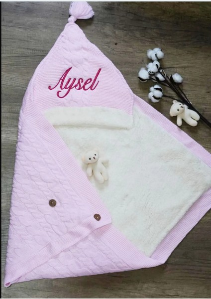 Pamuklu Bebek Battaniyesi Örgülü Içi Peluş Triko Bebek Kundak Istediğiniz Ismi Nakışla Yazıyoruz