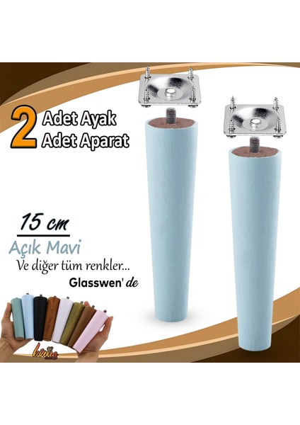 2 Adet Ahşap Ayak 15 cm Açık Mavi M8 Civatalı Bağlantı Aparatlı Dolap Mobilya Koltuk Kanepe Destek Ayağı Ayakları