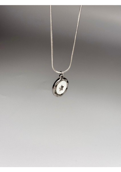 Gümüş Yıldız Figürlü Minimal Kolye - Beyaz Mine Detaylı Paslanmaz Çelik