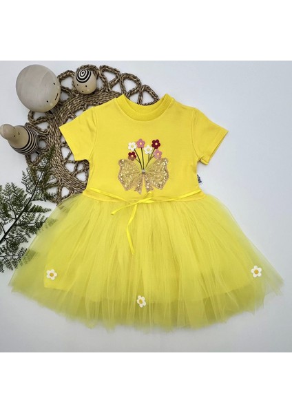 1-2-3 Yaş Tül Fiyonk Çiçekler Nakışlı Astarlı Kız Bebek Tütü Elbisesi Sarı