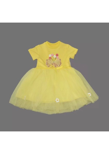 1-2-3 Yaş Tül Fiyonk Çiçekler Nakışlı Astarlı Kız Bebek Tütü Elbisesi Sarı fiyatları