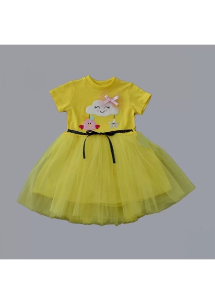 1-2-3 Yaş Tül Tokalı Bulut Civciv ve Yıldız Nakışlı Kız Bebek Elbisesi Sarı fiyatları