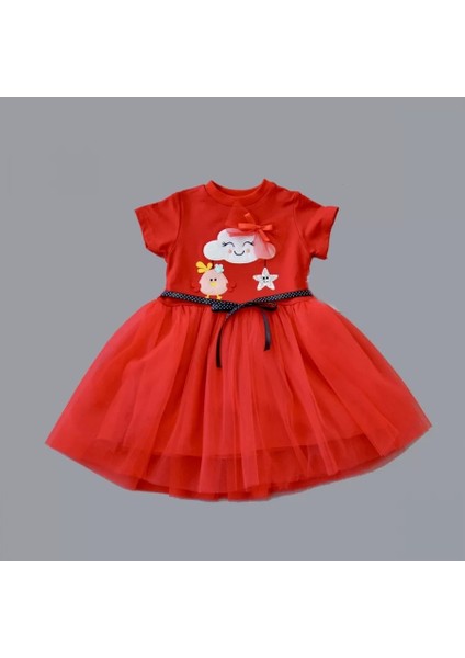 1-2-3 Yaş Tül Tokalı Bulut Civciv ve Yıldız Nakışlı Kız Bebek Elbisesi Kırmızı