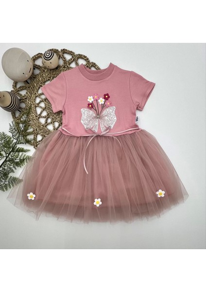 1-2-3 Yaş Tül Fiyonk Çiçekler Nakışlı Astarlı Kız Bebek Tütü Elbisesi Pudra