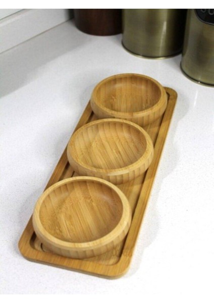 3 Lü Altlıklı Bambu Ağacından Bambu - Çerezlik - Sosluk- Lokumluk - Reçellik - Kahvaltılık