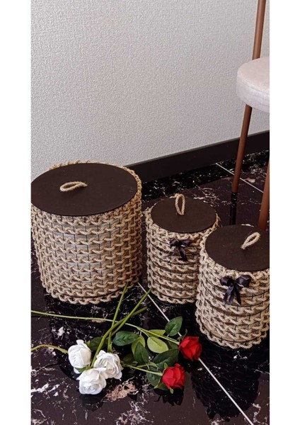 Hasır Örgü 3lü Dekoratif Ahşap Kapaklı Düzenleyici, Sepet Seti, Organizer