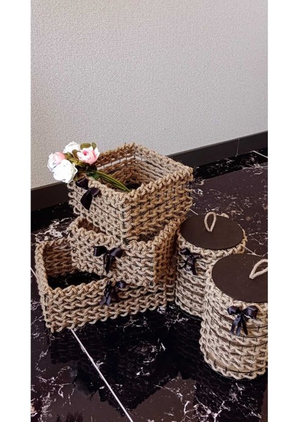 Hasır Örgü Dekoratif Düzenleyici Sepet 5li Organizer Seti