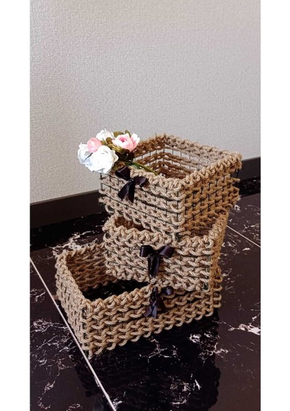 Hasır Örgü Dekoratif Düzenleyici Mini Sepet 3lü Organizer Seti Peçetelik