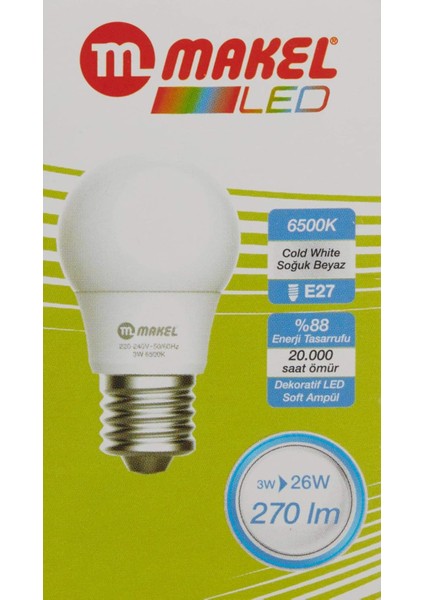 LED Ampul, 3 W, 6500 K, Soğuk Beyaz