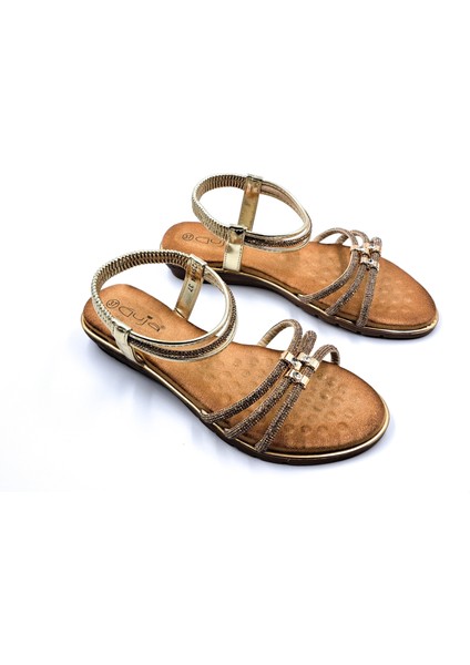 G25Y174 Lastikli Konfor Taban Taşlı Kadın Altın Renk Şık Sandalet