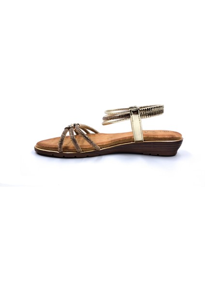 G25Y174 Lastikli Konfor Taban Taşlı Kadın Altın Renk Şık Sandalet modelleri