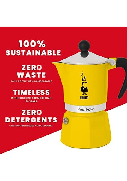 - Rainbow: 1 Cup Ocak Üstü Espresso Pişirici - 60ML - Sarı Renk - Alüminyum Gövde - Patentli Güvenlik Valfi - Tüm Ocak Türleri Için Uygundur (Indüksiyon Hariç)
