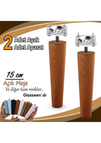Ahşap Ayak 15 cm 4'lü Set Açık Meşe M8 Civatalı Bağlantı Aparatlı Dolap Mobilya Koltuk Kanepe Destek Ayağı Ayakları