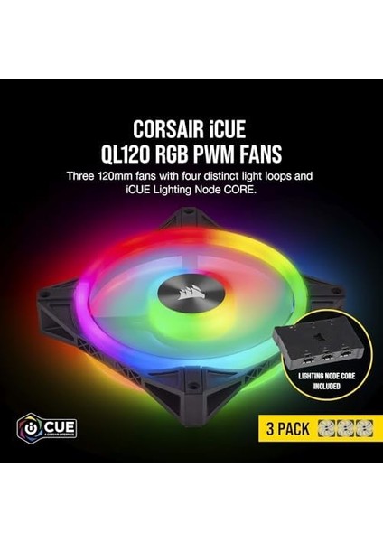 Ql Serisi, Icue QL120 Rgb, 120MM, Pwm, Lighting Node Core Rgb Kontrolcü Dahil, Rgb Fan, 3'lü Paket (CO-9050098-WW)