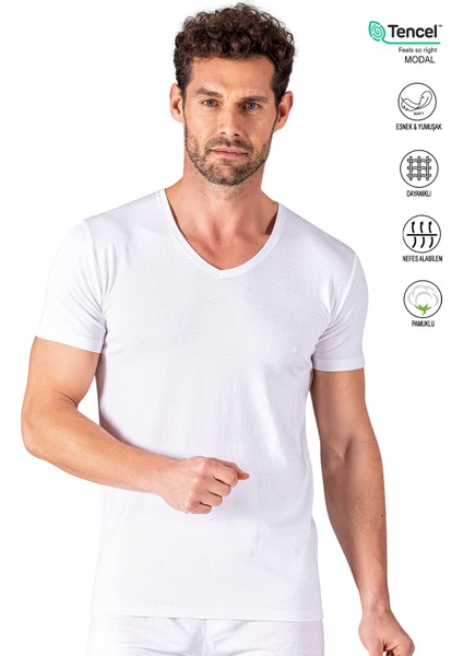 Özkan 11143 Erkek V Yaka Pamuklu Modal Esnek Rahat Kısa Kollu Tişört Fanila
