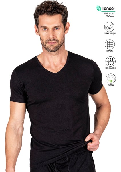 Özkan 11143 Erkek V Yaka Pamuklu Modal Esnek Rahat Kısa Kollu Tişört Fanila
