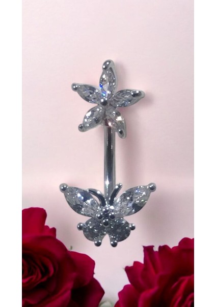 316L Cerrahi Çelik Fashion Paslanmaz Kararmaz Zirkon Taşlı Göbek Piercing