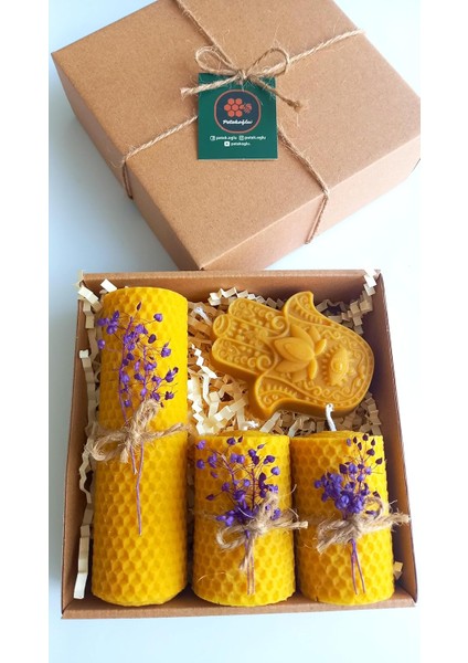 Doğal Petek Balmumu Mum Hediyelik Dekoratif Set Hamse Bereket Eli Beeswax Canle Gift Set