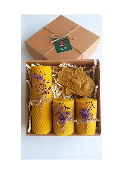 Doğal Petek Balmumu Mum Hediyelik Dekoratif Set Hamse Bereket Eli Beeswax Canle Gift Set