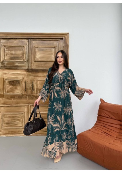 Tropikal Yaprak Desenli Uzun Kadın Elbise fiyatları