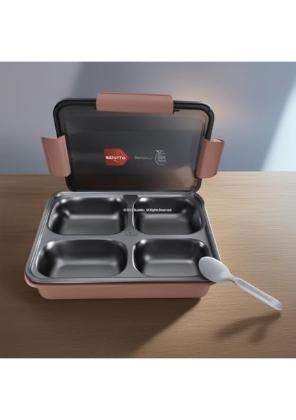 Hybrid Bento Box 900ML Plastik Gövde, Paslanmaz Çelik 4 Bölme Bpa'sız, Çok Amaçlı 2343 (Pembe)