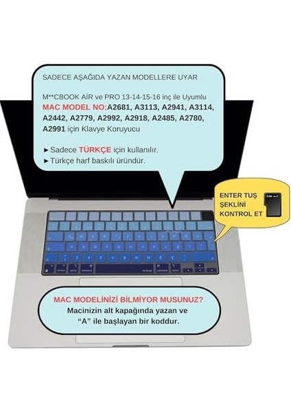 Macbook Air Pro M1-M2-M3 Klavye Koruyucu (Türkçe Q) Touchıd'li A2681 A3113 A2941 A3114 A2442 A2779 A2992 A2918 A2485 A2780 A2991 ile Uyumlu Ombre Lacivert Mavi