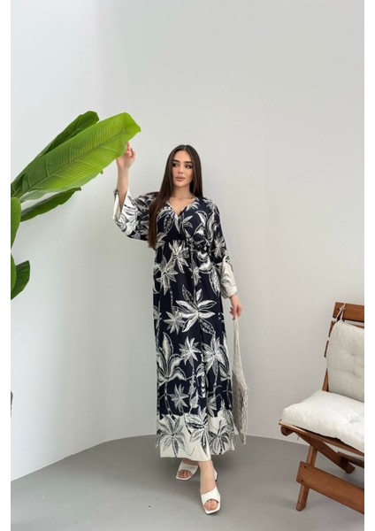 Tropikal Yaprak Desenli Uzun Kadın Elbise modelleri