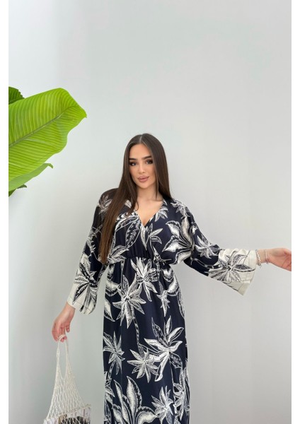 Tropikal Yaprak Desenli Uzun Kadın Elbise fırsatları