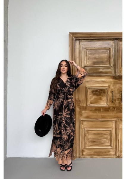 Tropikal Yaprak Desenli Uzun Kadın Elbise fiyatları