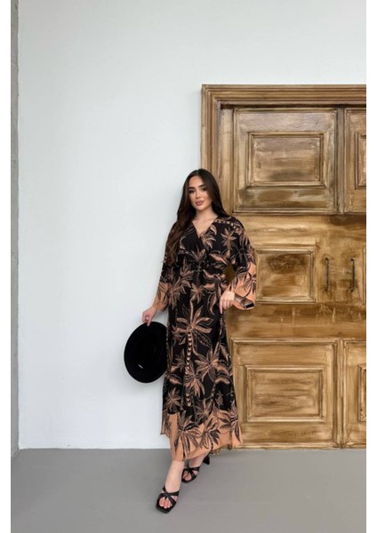 Tropikal Yaprak Desenli Uzun Kadın Elbise modelleri