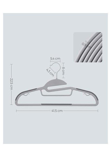 Plastik Elbise Askısı, 50'li Set, U Şeklinde Açıklıklı Askı, Kaymaz, Yer Tasarruflu, 0,5 cm Kalınlığında, 41,5 cm Genişliğinde, 360° Dönebilen Kanca, Açık Gri-Koyu Gri CRP41G-50