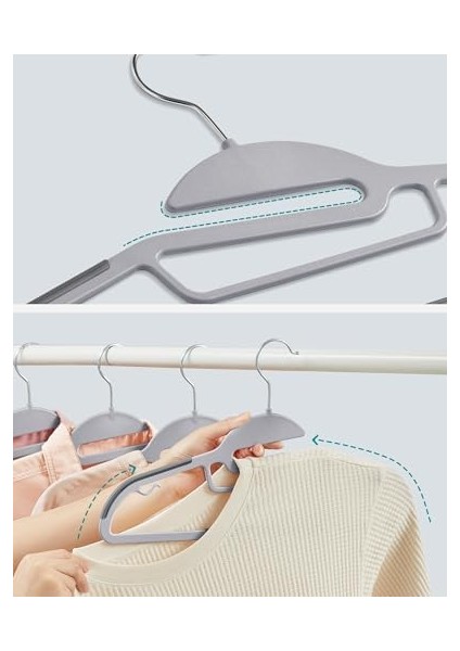 Plastik Elbise Askısı, 50'li Set, U Şeklinde Açıklıklı Askı, Kaymaz, Yer Tasarruflu, 0,5 cm Kalınlığında, 41,5 cm Genişliğinde, 360° Dönebilen Kanca, Açık Gri-Koyu Gri CRP41G-50