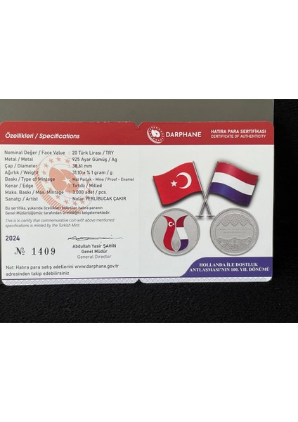Hollanda Ile Dostluk Antlaşması'nın 100. Yılı Gümüş Hatıra Parası
