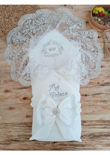 Yenidoğan Pamuk Taç Benim Prensim Nakışlı Trilüks Kundak Bebek Battaniyesi Ekru
