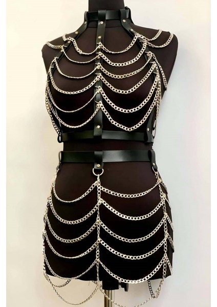 Zincirli Crop ve Etek Harness Alt Üst Takım L/xl