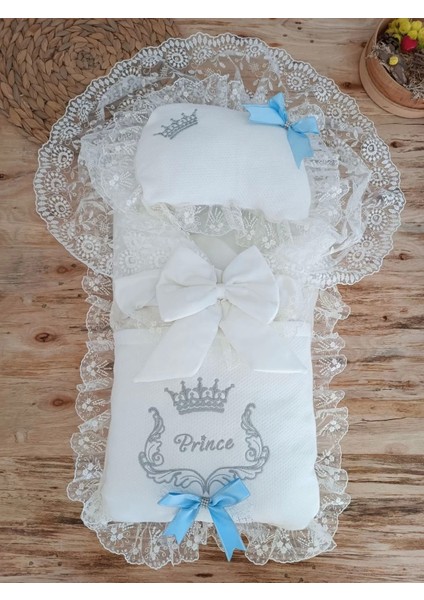 Yenidoğan Sahra Benim Prensim Nakışlı Kundaklı Trilüks Erkek 3lü Alt Açma Seti Mavi