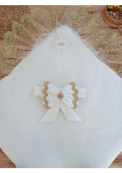 Yenidoğan Pamuk Taç Benim Prensesim Nakışlı Trilüks Kundak Bebek Battaniyesi Ekru modelleri