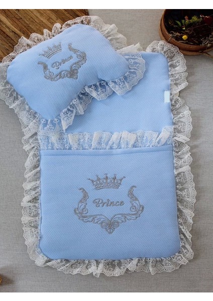 Yenidoğan Sahra Taç Nakışlı Trilüks 2li Alt Açma Seti Mavi