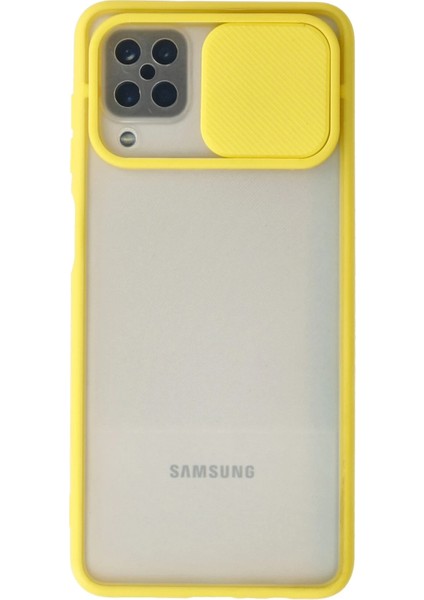 Samsung Galaxy A12 Kılıf Palm Buzlu Kamera Sürgülü Silikon - Sarı Dpmah