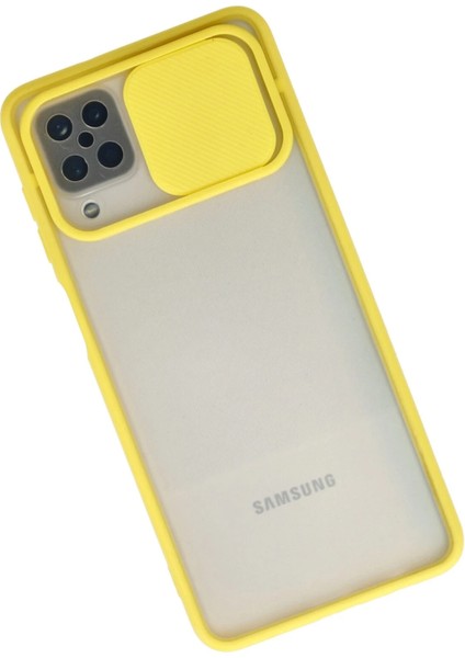 Samsung Galaxy A12 Kılıf Palm Buzlu Kamera Sürgülü Silikon - Sarı Dpmah