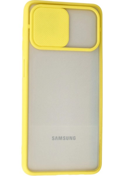 Samsung Galaxy A12 Kılıf Palm Buzlu Kamera Sürgülü Silikon - Sarı Dpmah