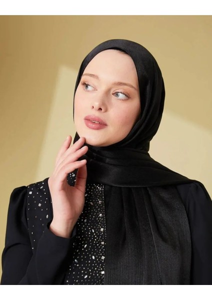Tesettür Hijab Janjan Abiye Saten Dokulu Vual Ipek Şal Siyah