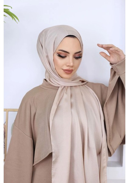 Tesettür Hijab Janjan Abiye Saten Dokulu Vual Ipek Şal Kum Beji